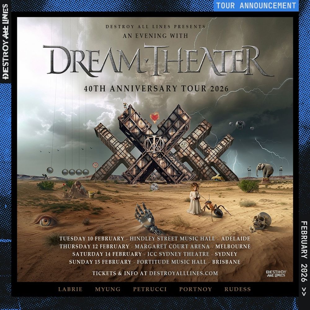 A poster for Dream Theater's 40th Anniversary Tour 2026, with dates for Australia in February.