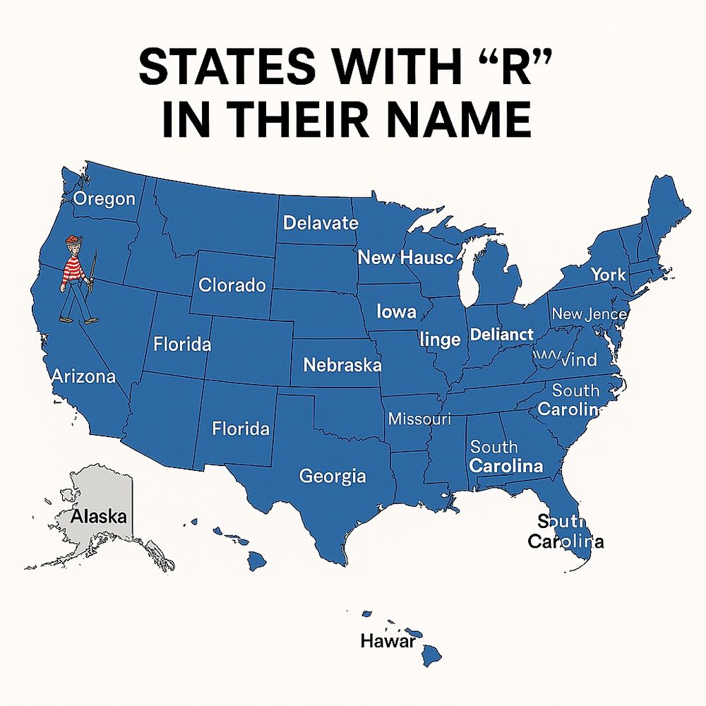 A map of the United States with nonsense state names, and Waldo plainly visible.
