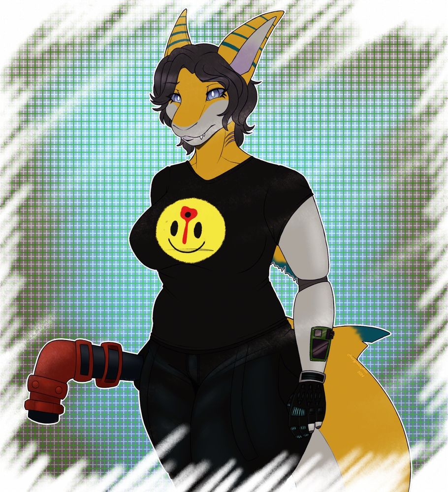 A thigh up sketch of a yellow, silver, and blue cyborg shark. They are dressed as a System Shock concept character, with black leather pants, and a black tshirt with a smiley face graphic. They are carrying a red lead pipe in one hand. 