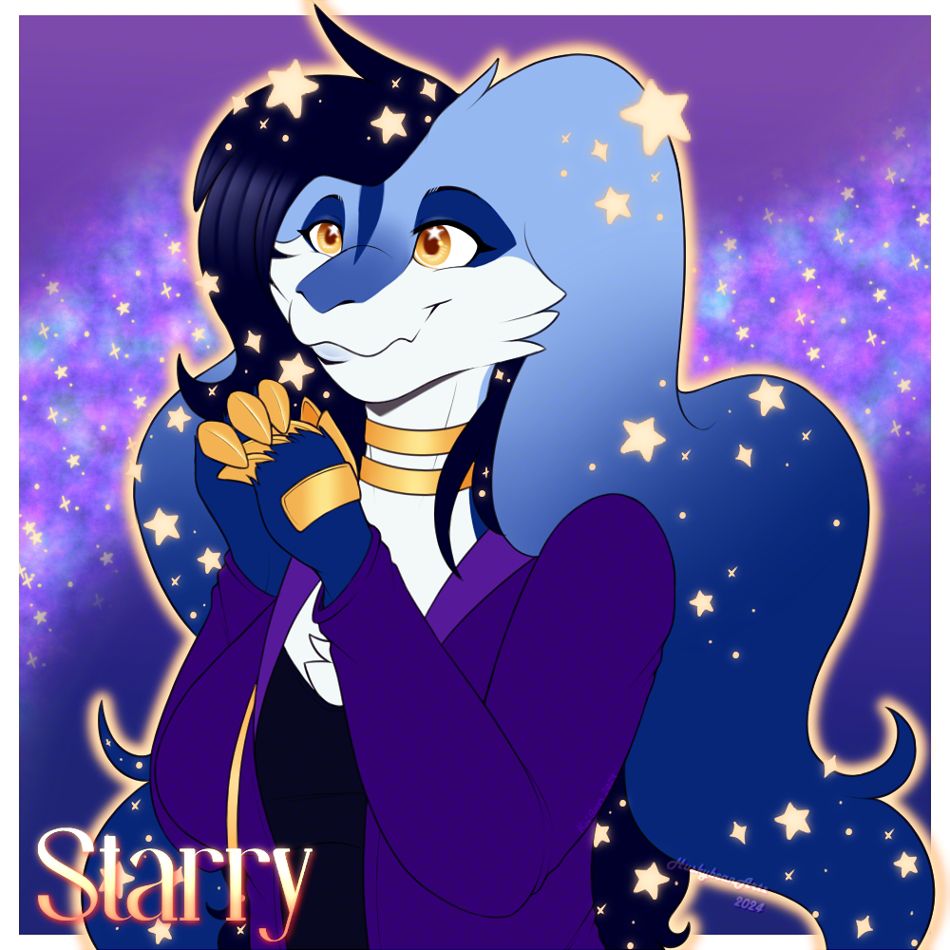 A bust of Starry, an anthro galaxy themed Reshiram, dressed in a black tshirt with a purple hoodie over it.