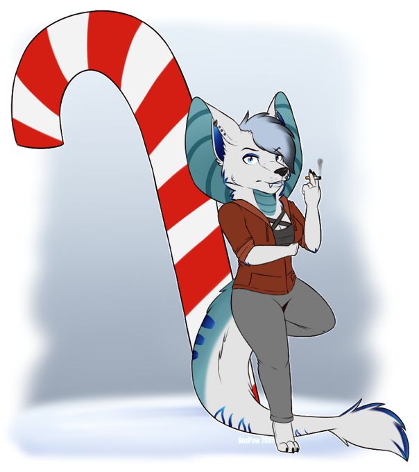 A chibi YCH featuring a white and blue cobra husky mix leaning against a giant candy cane in the snow, cigarette in one hand as the other hugs her torso just below her chest. She looks irritated at the viewer and is dressed comfortably in light grey sweats, a darker grey criss-cross halter top, and a rusty orange-red unzipped hoodie with the sleeves rolled up. 