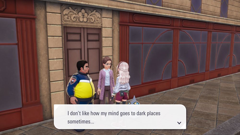 A screenshot from Pokemon Legends Z-A where an NPC is saying: "I don't like how my mind goes to dark places sometimes..."