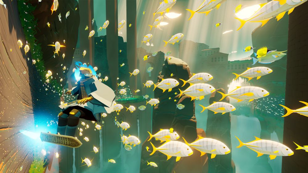 Our main character the Wraith is wall riding along a rock wall in a cavern. He is among a school of fish leading across the image to the right. 