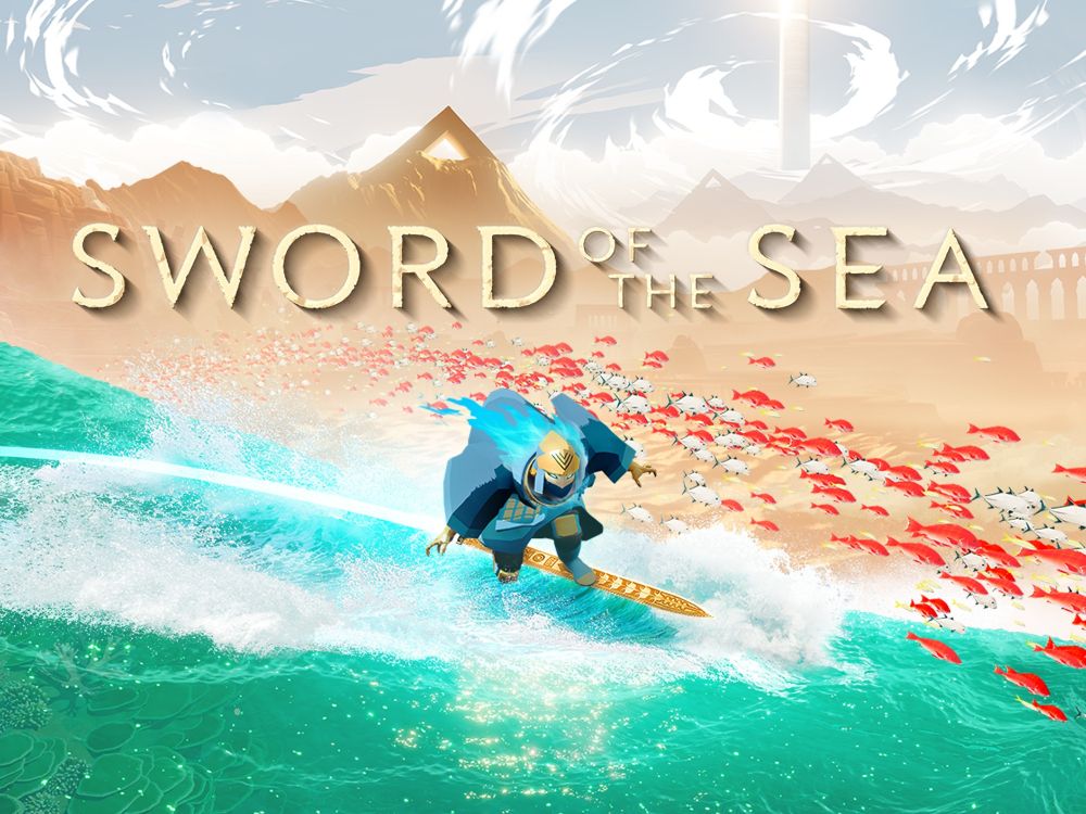 The "Sword of the Sea" key art image. It features the title of the game in gold font across the middle of the screen. A wraith character with flames coming out of his helmet surfing atop a golden sword rides against waves and sand. He is following a trail of various fish that float in the air. In the distance you can see some mysterious mountains, ruins, and a large tower. 