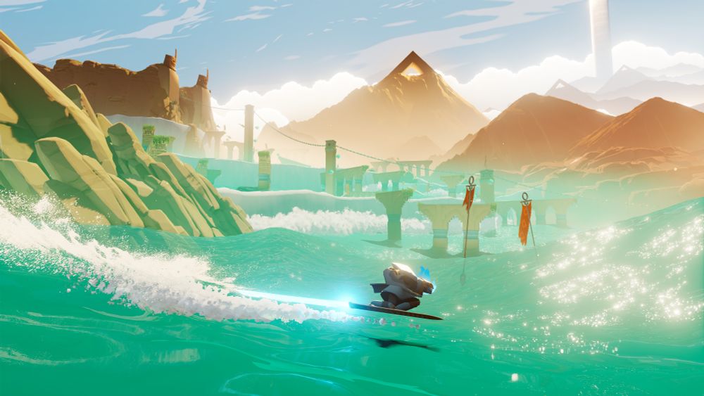 An image of our Wraith character surfing swiftly to the right across green hued waves. There are many clouds, large rocks in a canyon formation, a large triangular shaped mountain, and a heavily obscured tower in the distance.
