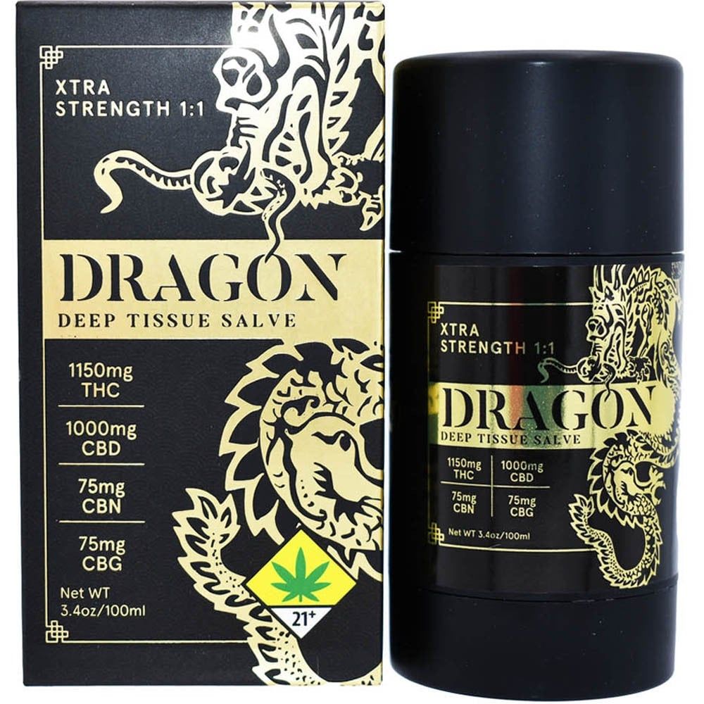 An image that shows a black box and a black cylinder labeled "Dragon Deep Tissue Salve" (also called Dragon Balm or Dragon Pain Relief Cream) 
Various ingredients are listed including THC and CBD quantity 