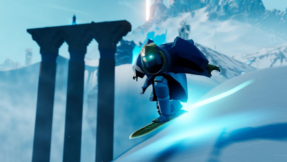 Our Wraith character surfing down toward the left side of the screen in a snowy environment. The landscape is a white and blue snow covered mountain top with ruins and archways scattered throughout. In the distance atop some ruins you can almost make out a silhouette of something, a person? A creature? Who is to say 😏 