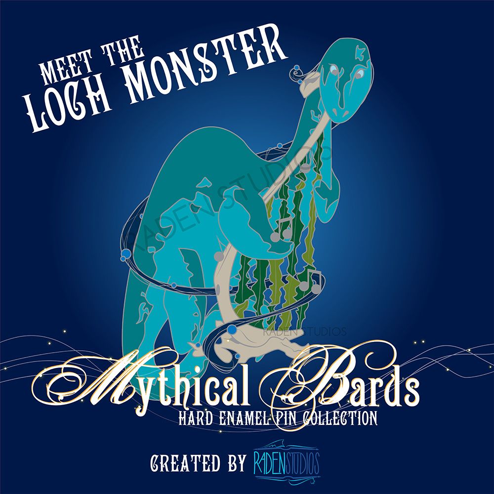 A loch monster bard pin, featuring Nessie playing a driftwood and kelpie harp surrounded by swirls of magical music and storytelling.