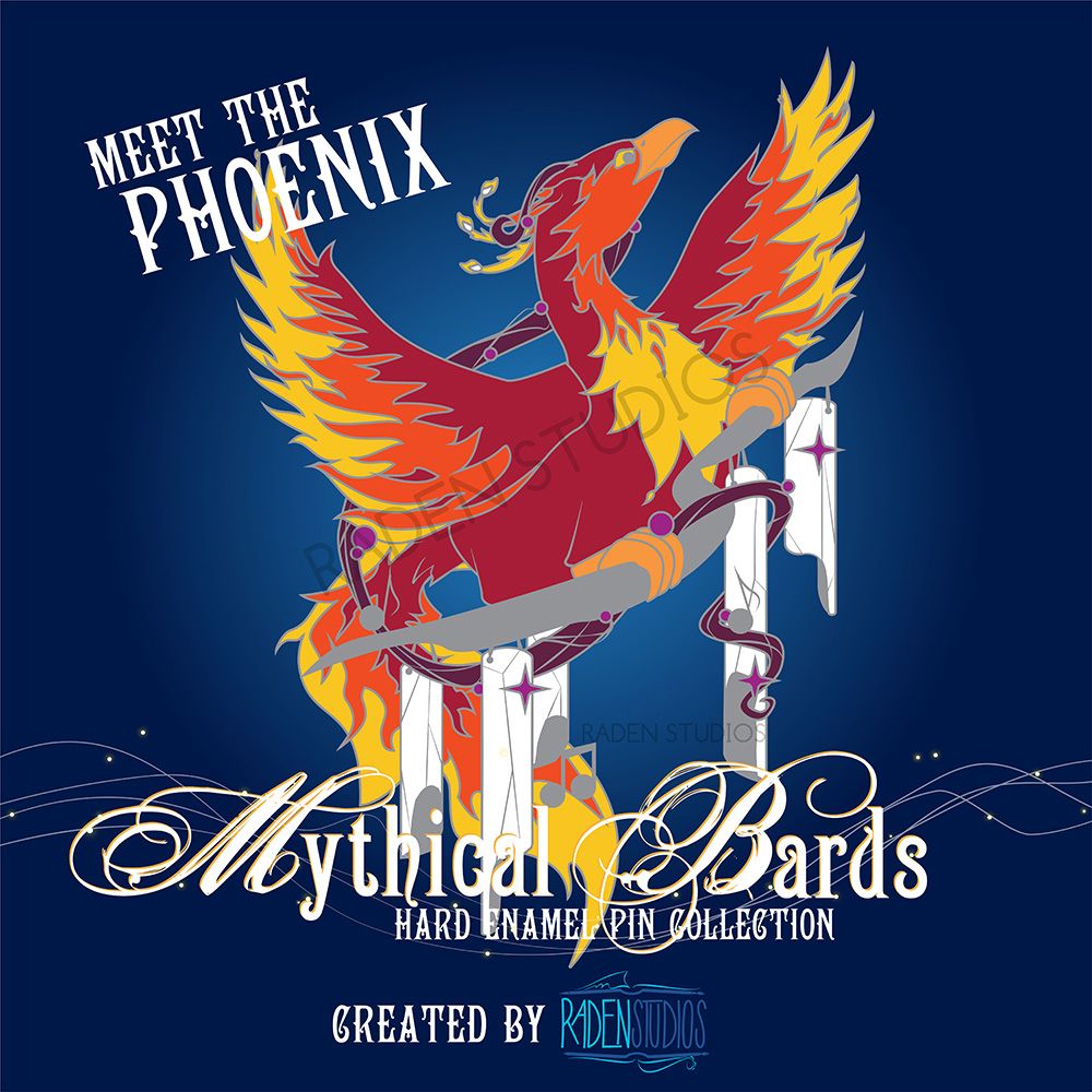 An enamel pin design of a phoenix bard playing a string of chimes made out of crystal.