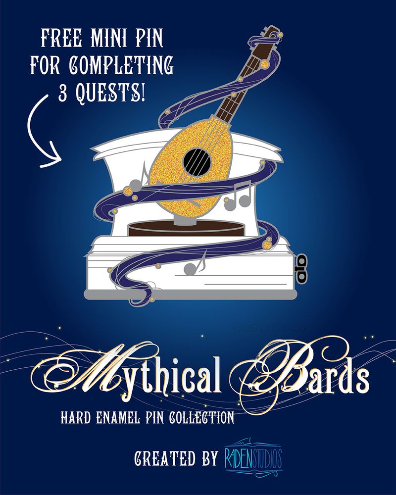 Free mini pin for completing three "quests" in the Pin Quest campaign. Mini pin features a book music box with a glittery lute popping out of it.