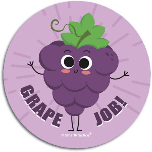 Sticker that says, “Grape Job!” and features a bunch of grapes smiling happily. 
