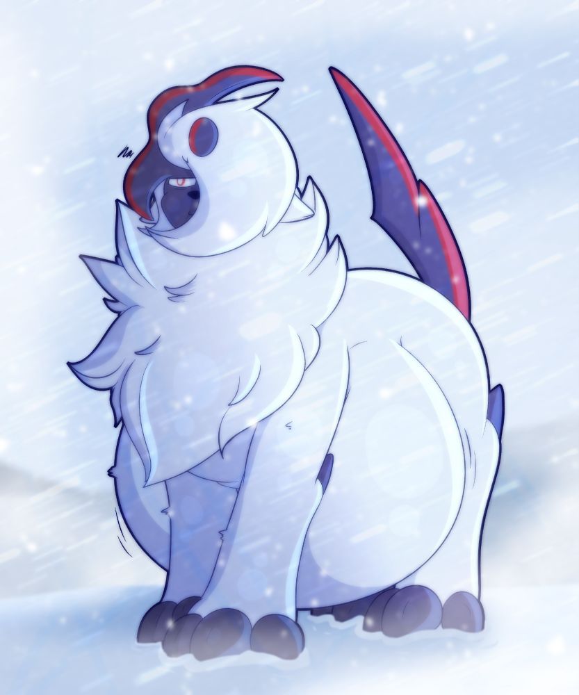 absol standing in the snowstorm, with a big belly, someone is keeping warm at least.