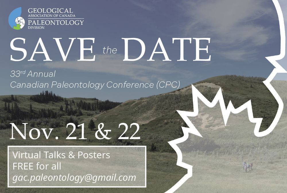 A poster for the event. There is the text describing the date and time, superimposed on a picture of some hills. In the top left is the logo for the Geological Association of Canada (GAC) Palaeontology Division.