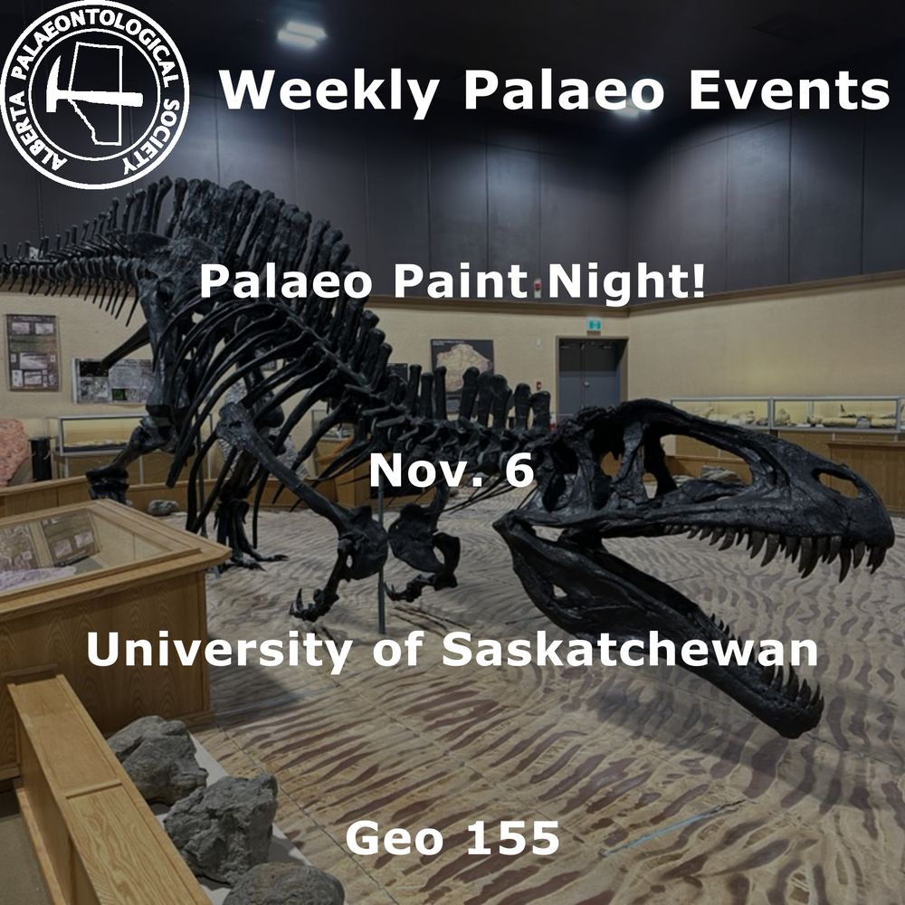 A poster for the event. The information is in the post, so no need to go crazy in the alt text!

The background of the poster is a skeletal mount of an Acrocanthasaurus, on display at the Tumbler Ridge museum. It's a large theropod (think T. rex and its kin). The mount is positioned so that the head is low to the ground - it looks like it's roaring.
