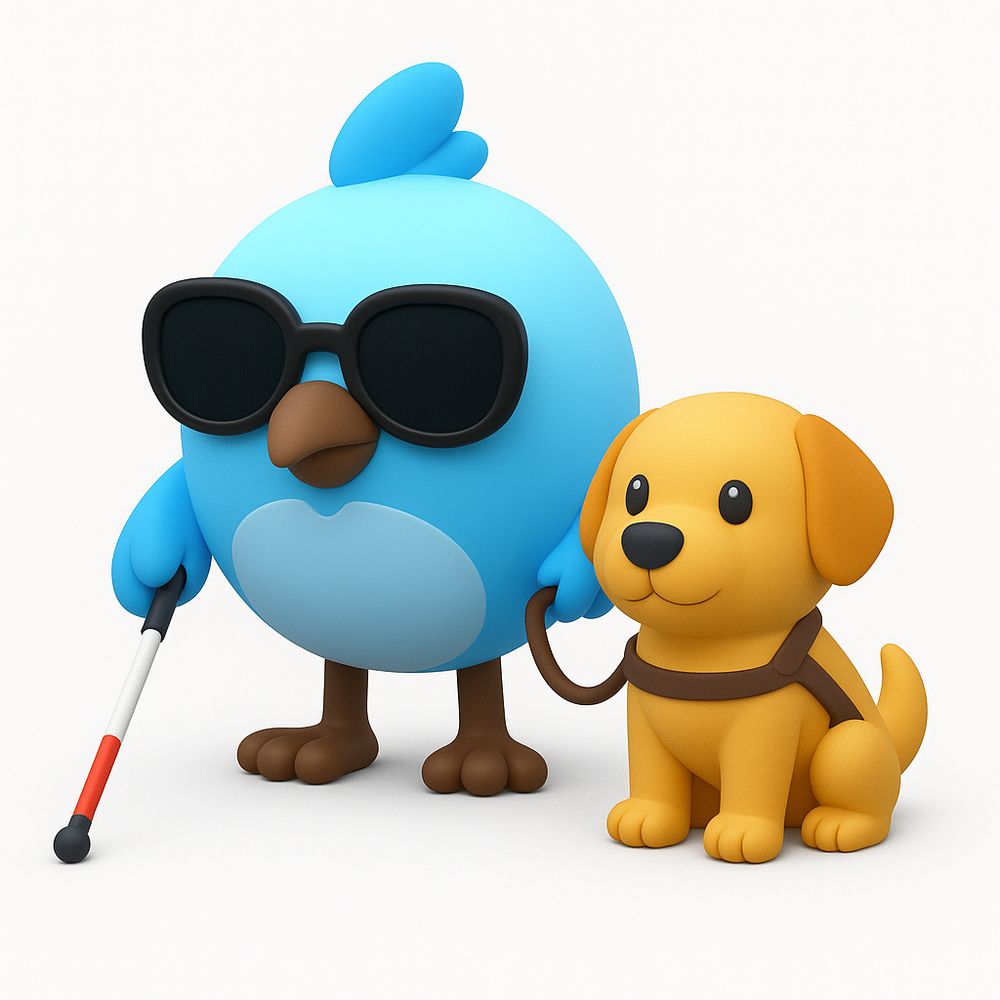 A 3D Illustration of Dash. The Flutter Mascot a Blue Bird. Depicted with glasses, a blind cane and a golden retriever guide dog