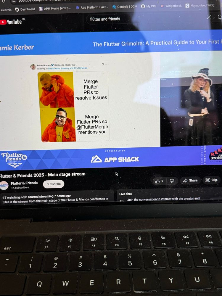 The Cupertino witch Jamie presenting at flutter and friends. Showing a screenshot of a tweet of abausg.
It shows the drake hotline bling meme.
On the top it shows drake being disappointed by „merge flutter PRs to resolve issues“ on the bottom it shows Taha photoshopped into drake approving „merge flutter PRs so @fluttermerge“ mentions you“