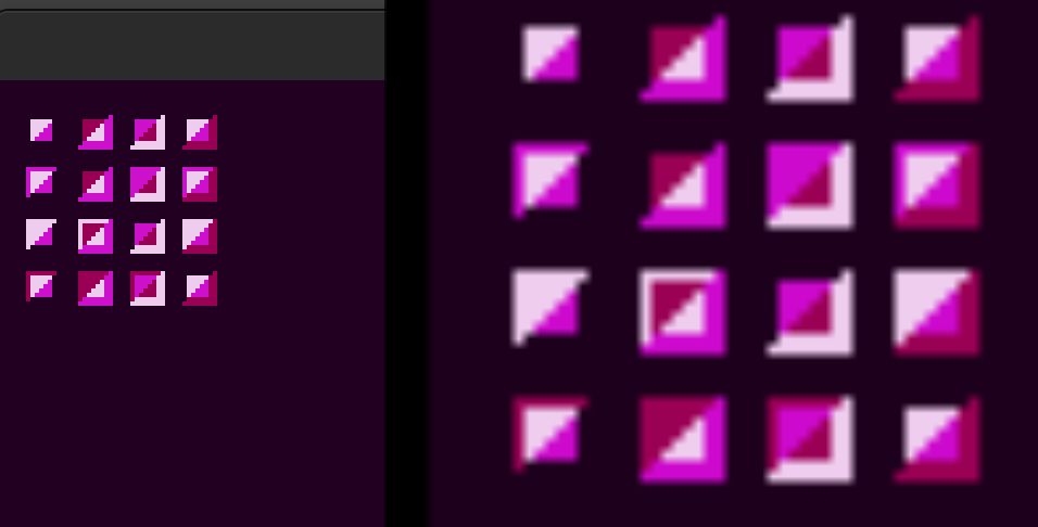 Two identical grids of squares. The squares have a little four-color design that is the same for each, but with the colors swapped around. The colors are swapped in exactly the same way for each of the two grids.