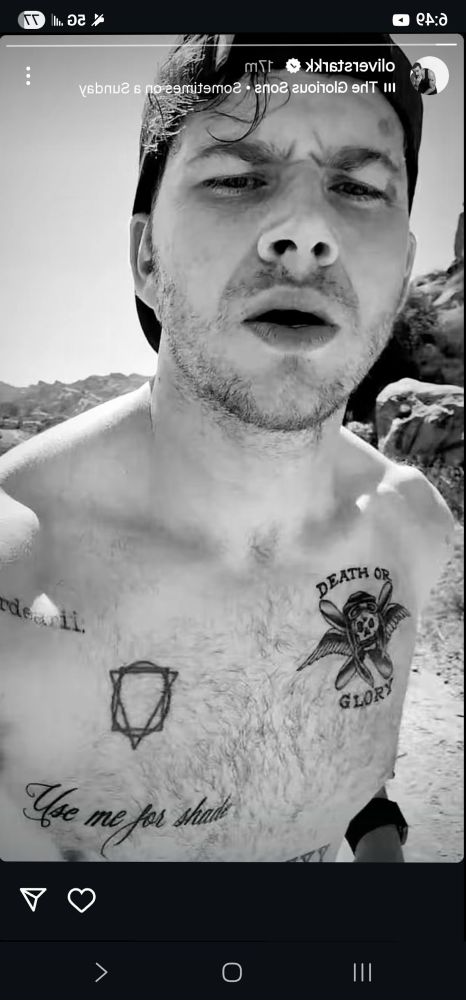 Oliver Stark on a run showing his hairy tattooed chest making all the random drool and want to get on their knees and oh look Oliver I’m on my knees completely naked how about that 