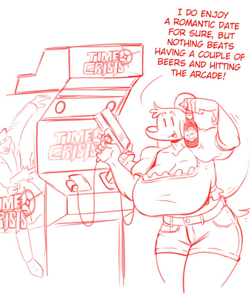 Lucy poses by an Arcade Machine, really in her element wearing skimpy clothing and holding a bottle of beer. Her Ideal date being a fun time at the Arcade! "I do enjoy a romantic date for sure, but nothing beats having a couple of beers and hitting the arcade" 