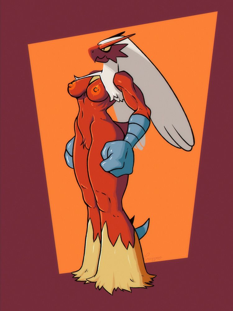 A female Pokemon, a Blazikan stands proudly in the nude, showcasing her muscular form and her boobs, a fierce look in her eyes.