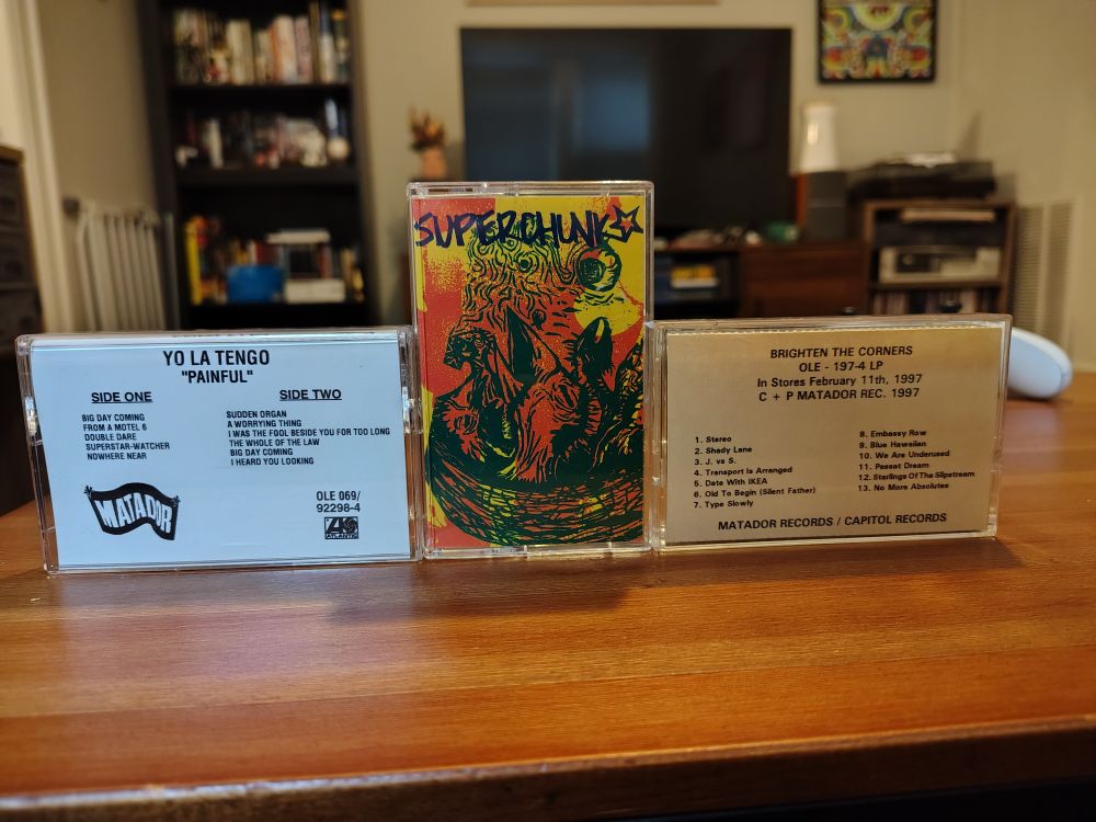 Promo copies of Yo La Tengo's Painful and Pavement's Brighten the Corners on cassette as well as a copy of Superchunk's debut