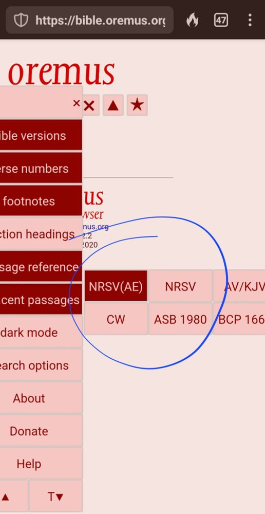 Screen cap of Oremus with option to change edition highlighted.