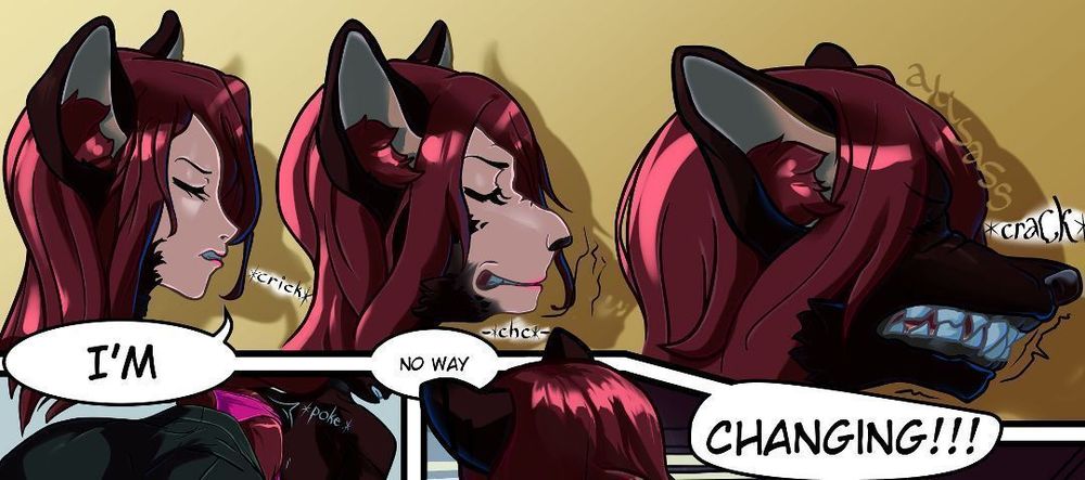 Digital art, transformation sequence. A crimson haired anime woman with wolf ears winces. Closeup on her head from the side. Fur spreads across her face as cracking sounds are heard. Her head elongates. It turns into a dark furred werewolf's muzzle lined with sharp white teeth.