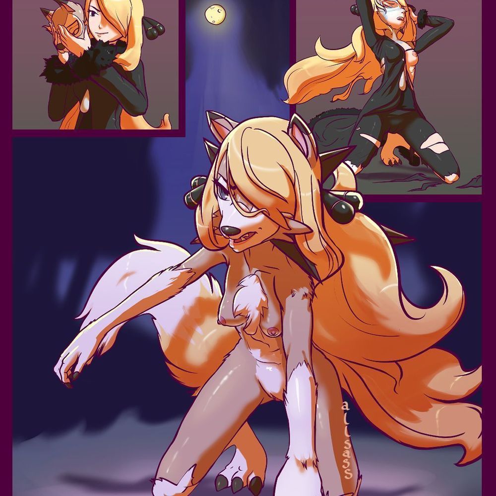 Digital art, comic page. An anime woman with long blode hair that covers her left eye looks at a wolf-like mask. She puts the mask on, recoiling as she begins to transform. Finally, whe becomes a werewolf under the moonlight. Her fur is light brown and white, with spikes at her neck, similar to the Pokemon Lycanroc.