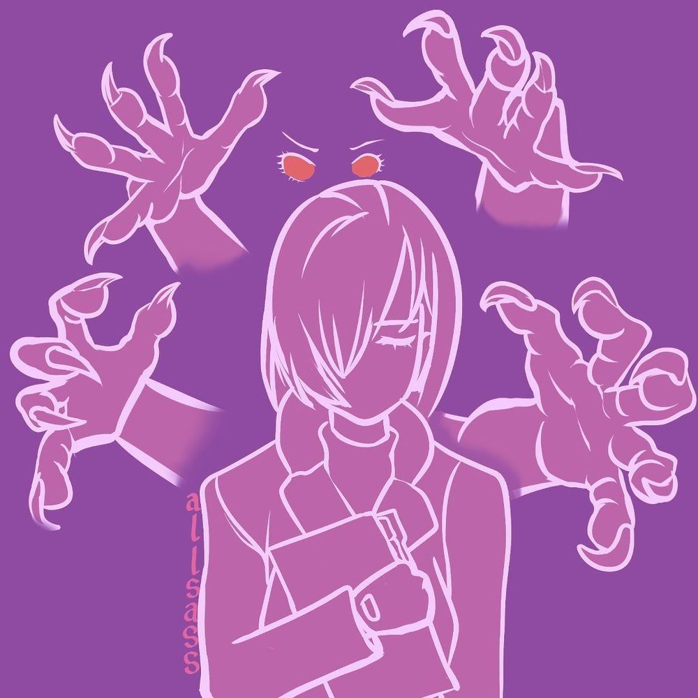 Digital art. Monochrome purple illustration with off-white line art. A woman with a folder and a bob haircut that covers one eye walks toward the viewer. Her eyes are closed. Behind her are angry orange eyes and four clawed hands which are reaching out to grab her.