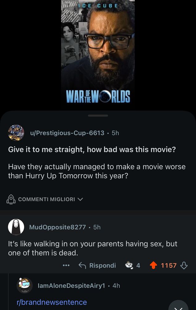 Screenshot of a reddit comments section for the new War of the Worlds "It's like walking in on your parents having sex, but one of them is dead."