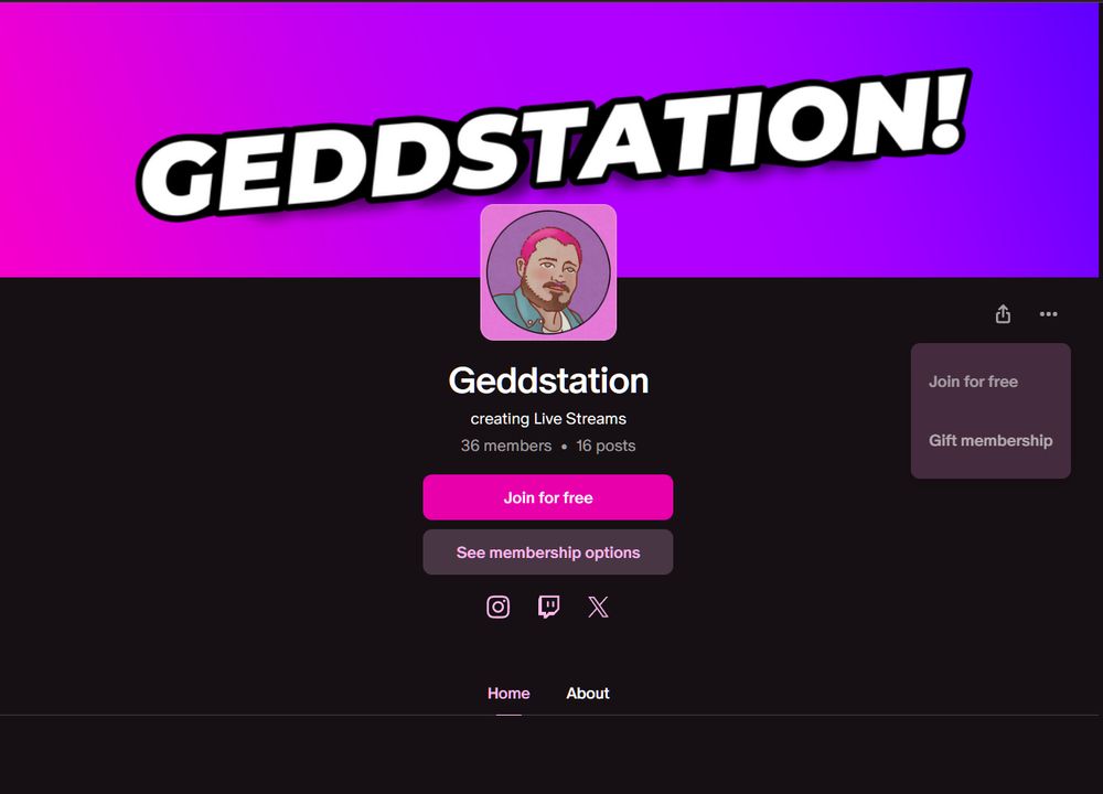 screenshot of patreon.com/geddstation where the option to join for free is being demonstrated