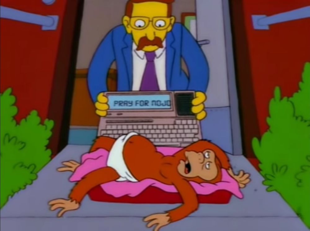 screenshot from the Simpsons: a passed out monkey has typed 'pray for mojo'