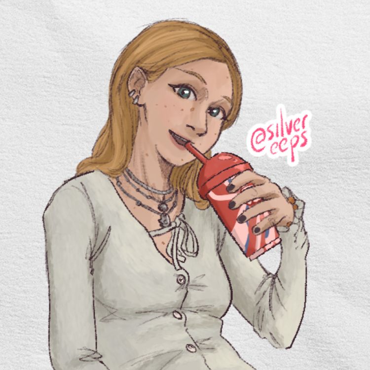 digital drawing of Dylan wearing a white long-sleeve blouse, sipping from a slushie.
Do not use for ai training.
Do not modify without permission.