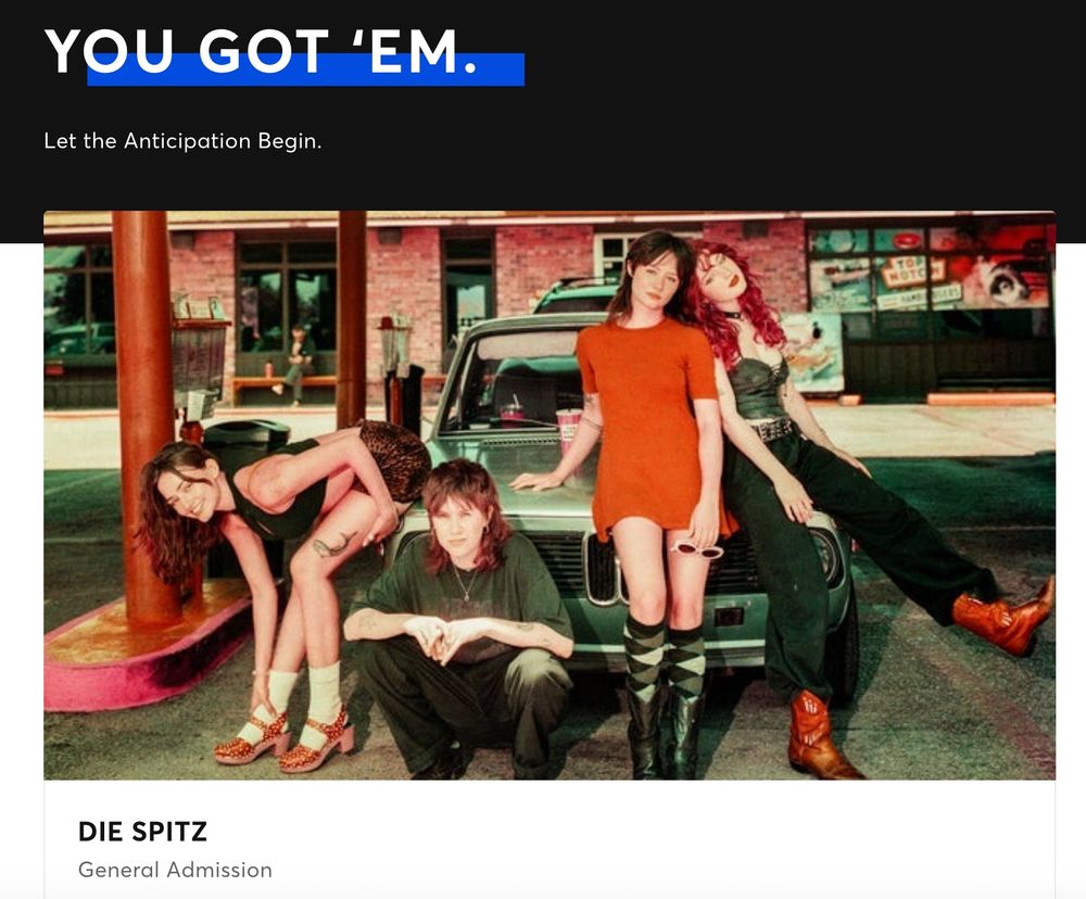 Ticketmaster confirmation screenshot showing the 4 members of Die Spitz standing in front of a car in a gas station parking lot
