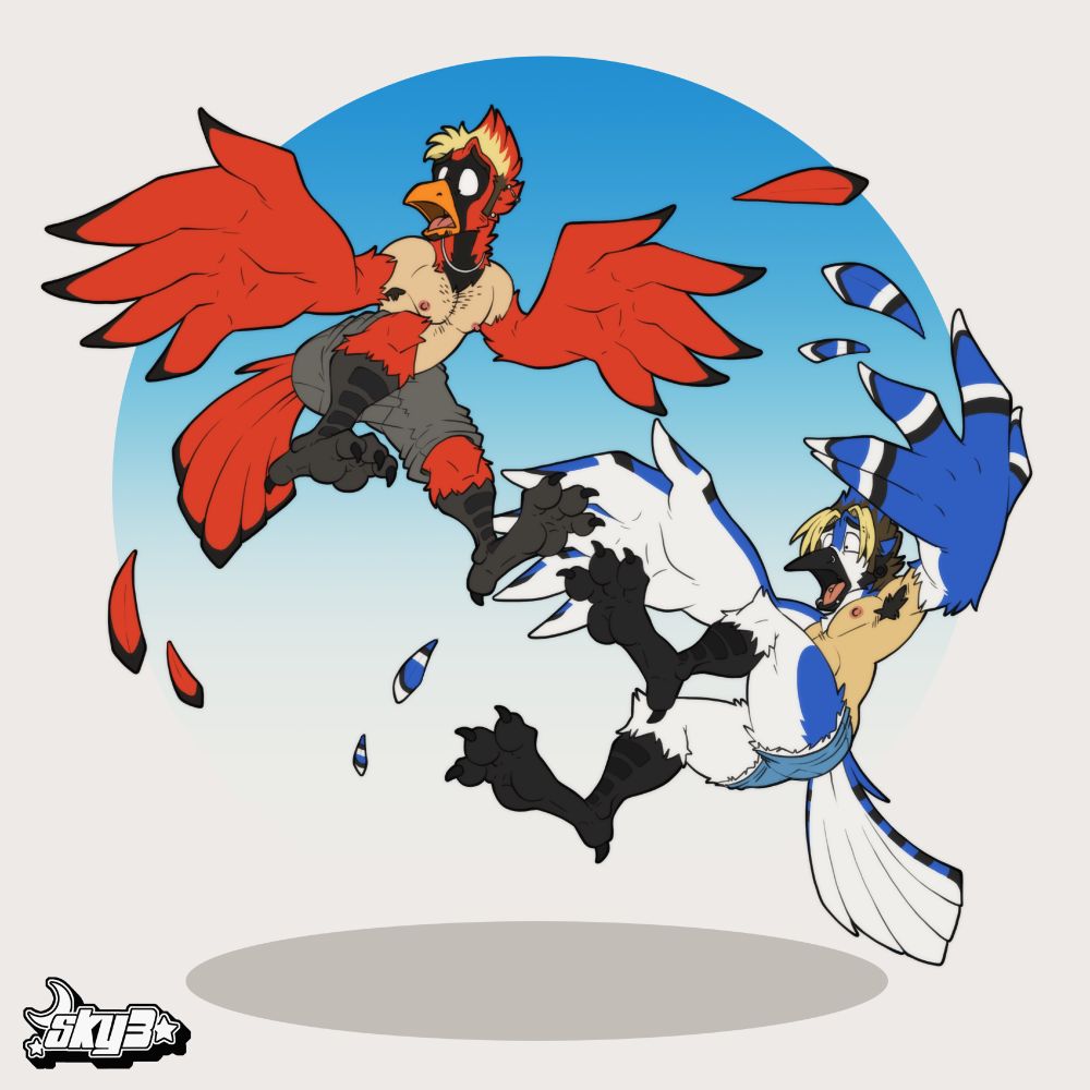Daze and Skye, shirtless in just shorts, turning into a cardinal and a bluejay respectively. They're flapping their new wing arms awkwardly as they attempt to fly.