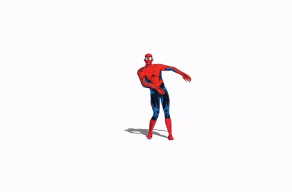 a man in a blue and red spiderman costume is running on a white background