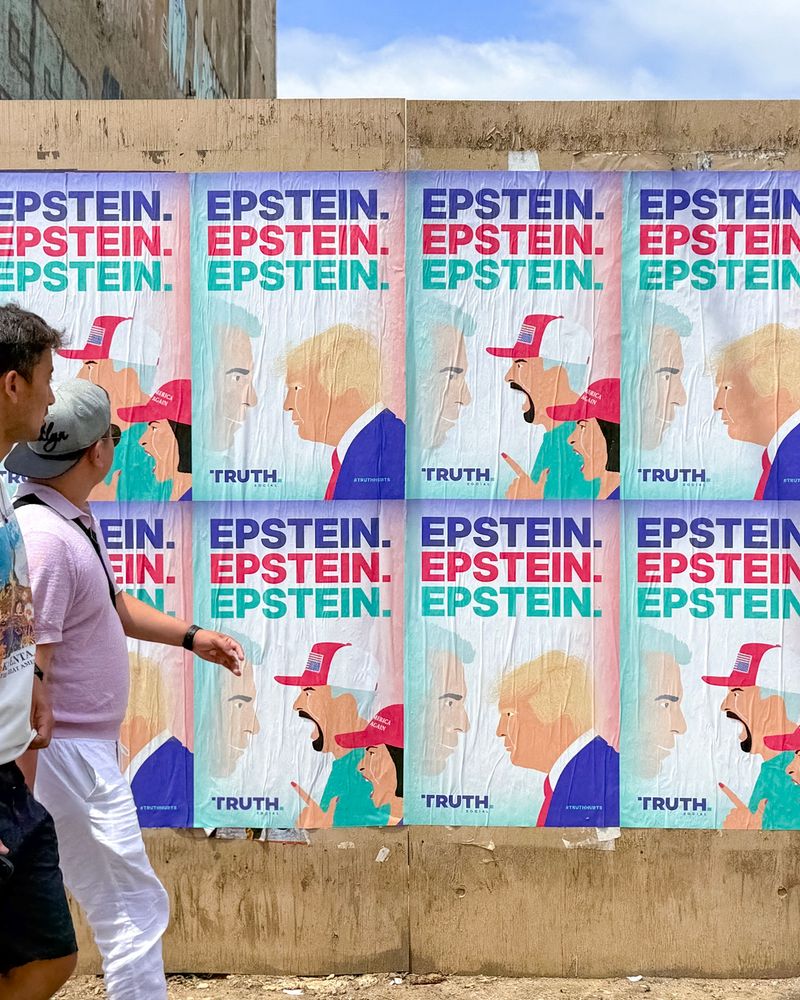 Official wheatpasted poster ads for Truth Social promoting Jeffrey Epstein
