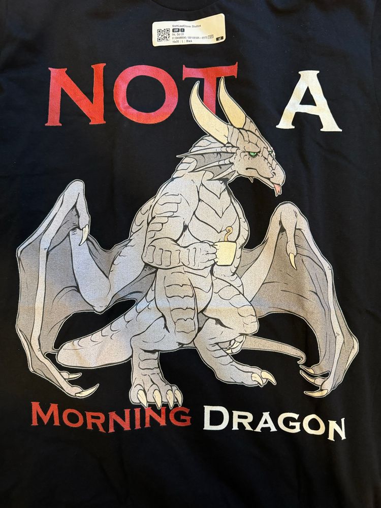 Close-up photo of a grumpy gray dragon with the text “Not a Morning Dragon”