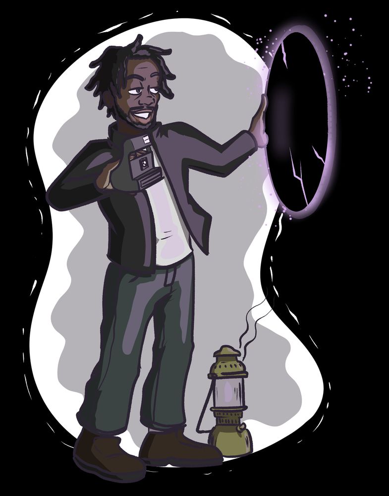 The mysterious new character from my comic BURN, dressed as a playable character from the game PHASMOPHOBIA. He has the camera, firelight and cursed mirror from the game!
