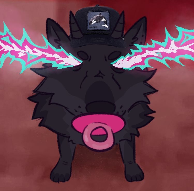 a redraw of a meme featuring my wolfsona with a binkie in her mouth, a goorin bros killer whale cap and unintentionally transgender colored fire going out of her eyes