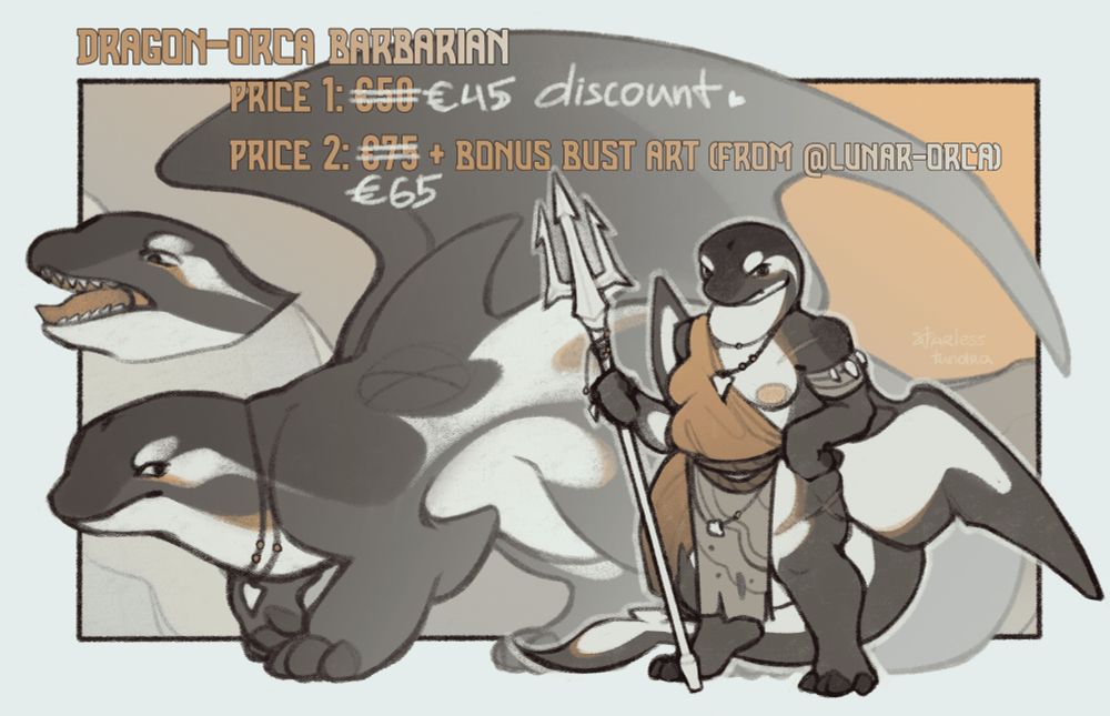 adoptable ref-sheet of an anthro barbarian orca-dragon. it features a feral dragon form and an anthro form infront of it.
the anthro form is a chubby, muscular and stoic orca-dragon with a trident and accessories made of bones of those who were slain by her. 
the text reads:
DRAGON-ORCA BARBARIAN 
PRICE 1: €50 -> €45 (discount)
PRICE 2: €75 -> €65 + BONUS BUST ART (FROM @LUNAR-ORCA)
