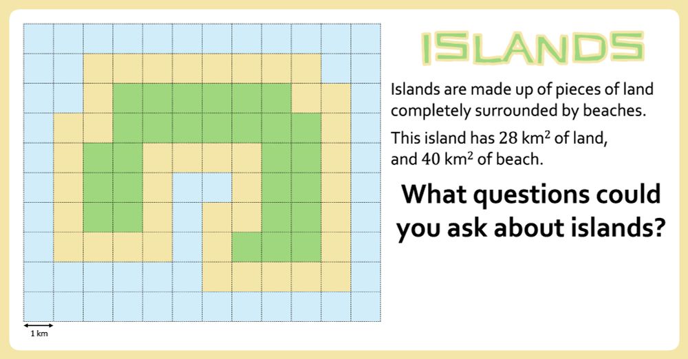 Islands are made up of pieces of land completely surrounded by beaches. This island has 28 km? of land, and 40 km? of beach.

What questions could you ask about islands?