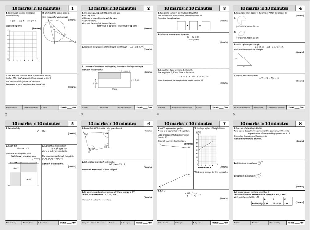 A set of Maths starters with the title "10 marks in 10 minutes", each containing three GCSE exam questions.