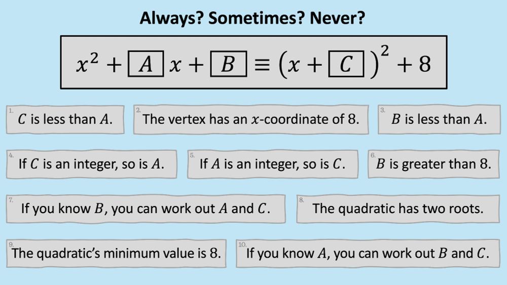 Always? Sometimes? Never?

x^2 + Ax + B = (x+c)^2+8

1. C is less than A.
2. The vertex has an x-coordinate of 8.
3. B is less than A.
4. If C is an integer, so is A.
5. If A is an integer, so is B.
6. B is greater than 8.
7. If you know B, you can work out A and C.
8. The quadratic has two roots.
9. The minimum valueof the quadratic is 8.
10. If you know A, you can work out B and C.
