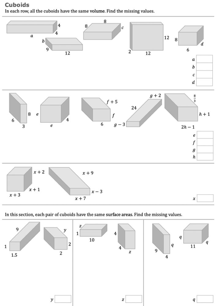 A series of maths questions featuring cuboids with the same volumes/surface areas, allowing you to form and solve equations to find missing lengths.