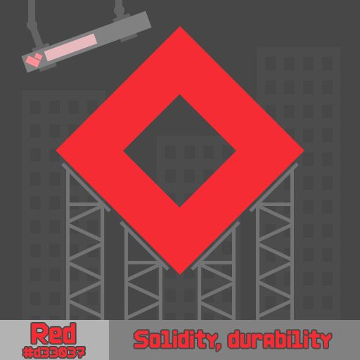 An image of big hollow red diamond, supported by large structures out of steel beams.

Behind the diamond is a city.

Above and to the left of the diamond is a half-full health bar.

At the bottom of the image there's text: "Red #d33037 | Solidity, durability"
