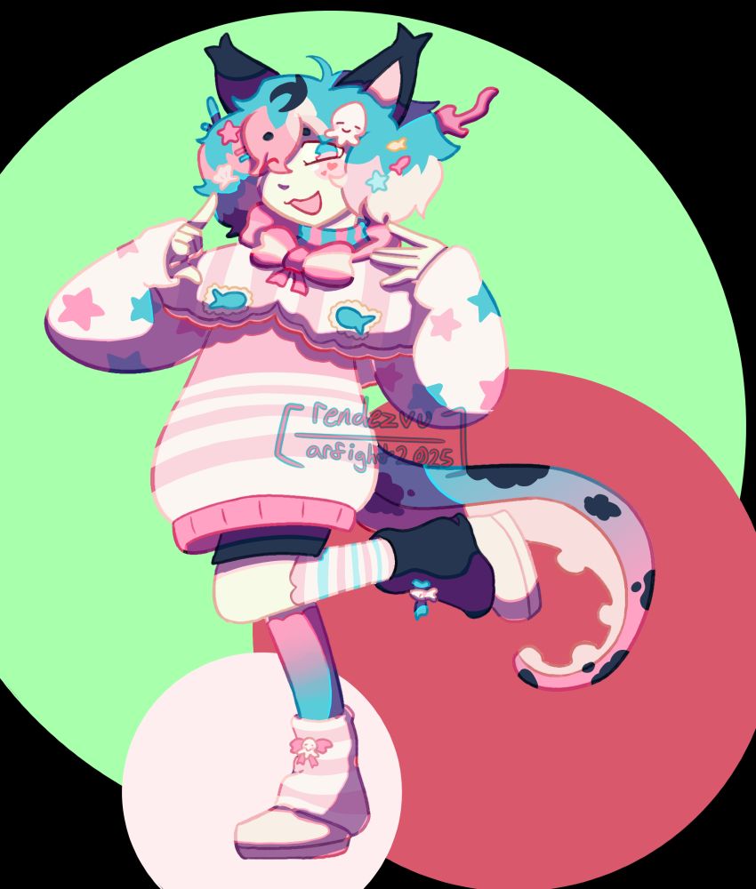 A fully shaded fullbody of Lumisca, posing with one leg up on a multicolored circle background.