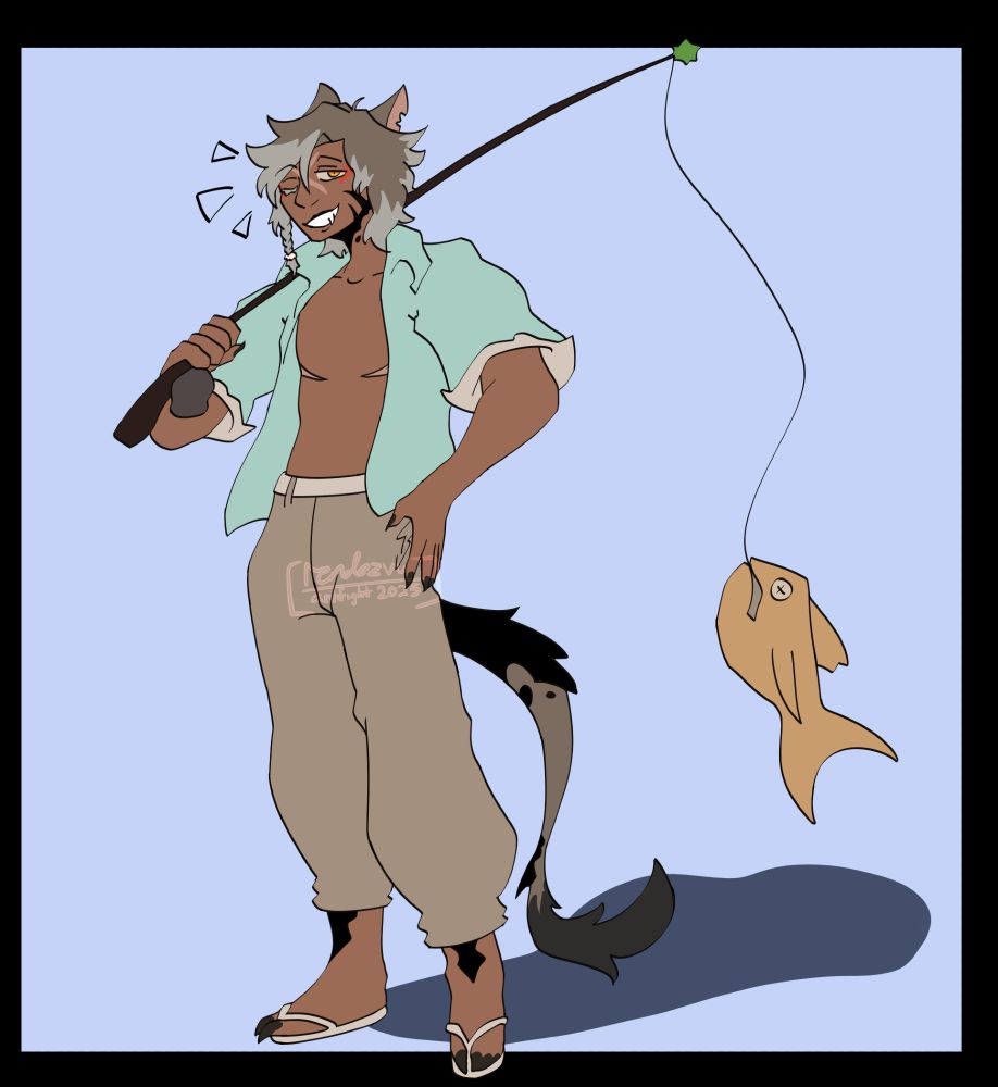A flat-colored fullbody drawing of Urha'ra Darling, a FFXIV miqote with dark skin and gray hair. He's holding a fishing rod with a catch on it, and winking with a toothy grin.