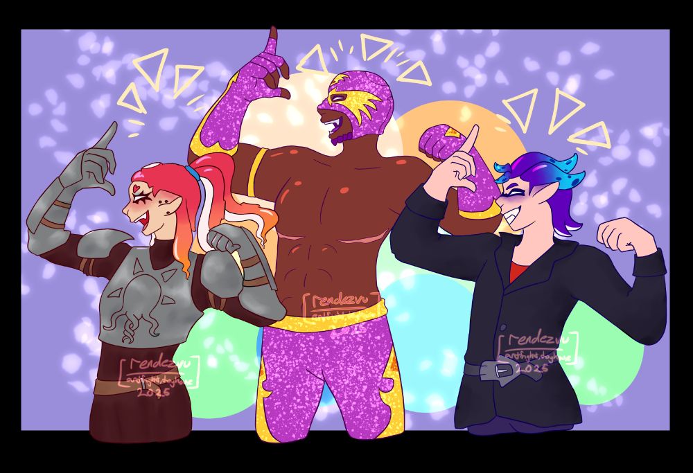Three halfbodies of Moe (a pink octoling), Rey Calamar (a purple inkling), and Turfer (a blue inkling) in order. They are all striking the same confident pose against a bright background with glowing flecks of light behind them.