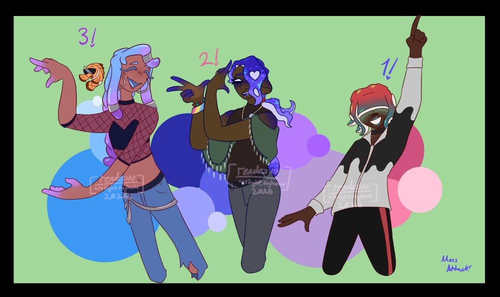 Three halfbodies of Drea (an anemone), Ahrima (a blue octoling), and Cherry (a red octoling) in order. They're pantomiming the numbers 3, 2, and 1 in their poses.